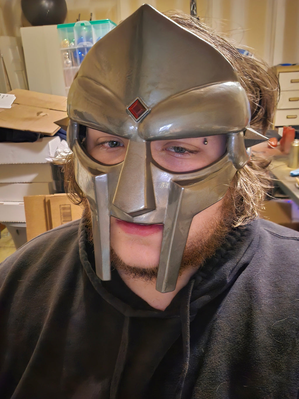 Metal Face Villain Mask CHROME w/ Red Diamond Gem